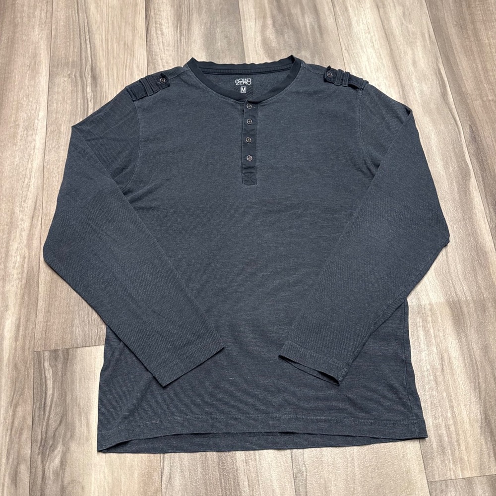 Point Zero Mens Henley Shirt Gray Long Sleeve Epaulette Textured Cotton Blend M - Picture 1 of 6